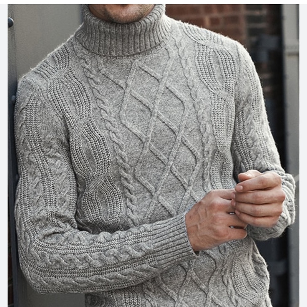 Navy Blue Cable Knit Sweater with Intricate Patterns
